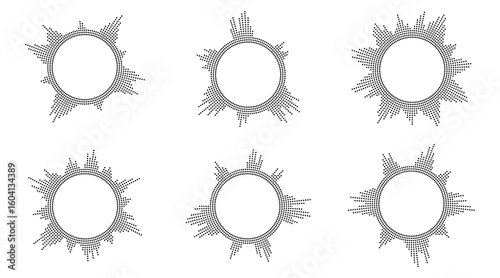 Collection of circular audio waves. Vector round music equalizer, audion circle spectrum sign. Set of isolated radial spectrum designs. Abstract radial radio and voice volume symbol