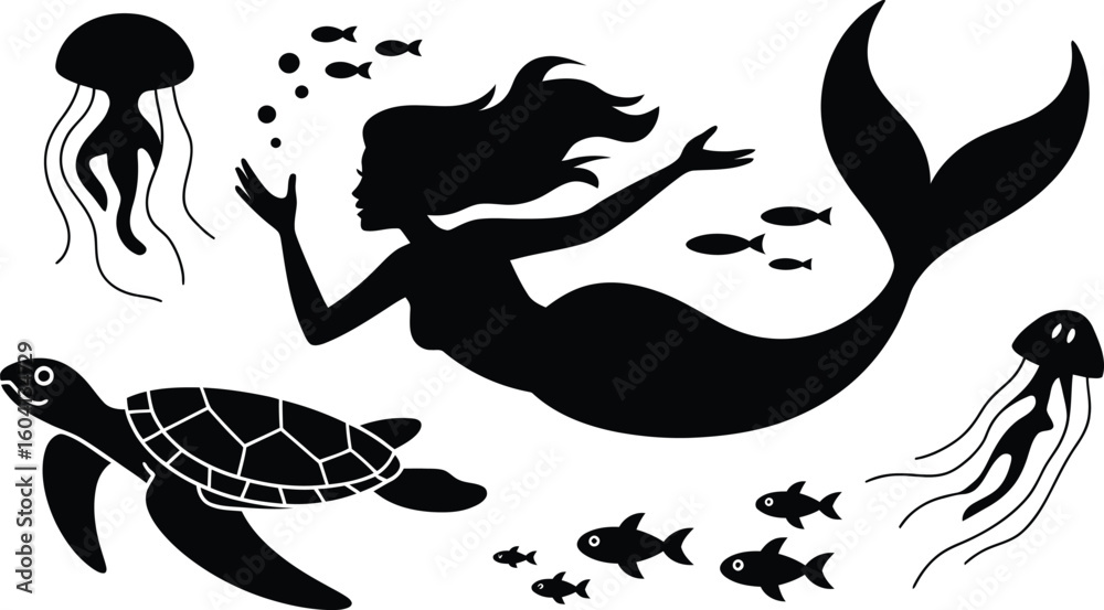 Naklejka premium Black silhouette mermaid with fish jellyfish and turtle on white background