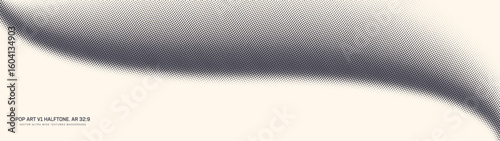 Pop art dots halftone pattern smooth curved border ultra wide 32:9 aspect ratio retro styled vector abstract background. Wavy shape dotted half tone texture panoramic format graphical abstraction