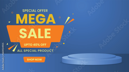 Modern blue background with podium and orange mega sale banner suitable for discount promotions and advertisements