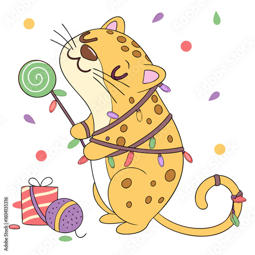 Vector illustration of a Content Leopard with wrapped in fairy lights, styled in a Birthday theme using Candy Shop colors