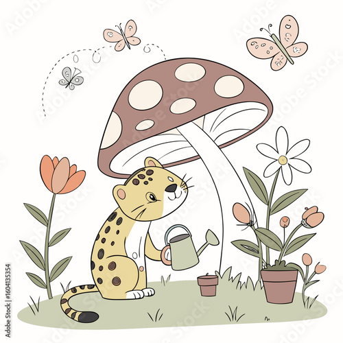 Cute Playful Leopard, accessorized with under a mushroom, in a Spring garden world – Spring Garden palette vector