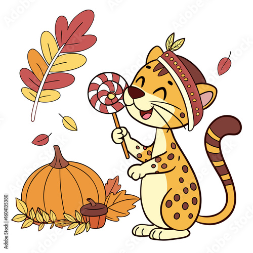 SVG art: A Joyful Leopard in a Thanksgiving vibe with holding a lollipop, tinted with Harvest Blessings tones