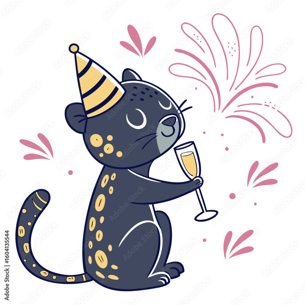 Fototapeta premium Content Leopard with with a balloon, set in a charming New Year celebration theme – Midnight Sparkle color vector art