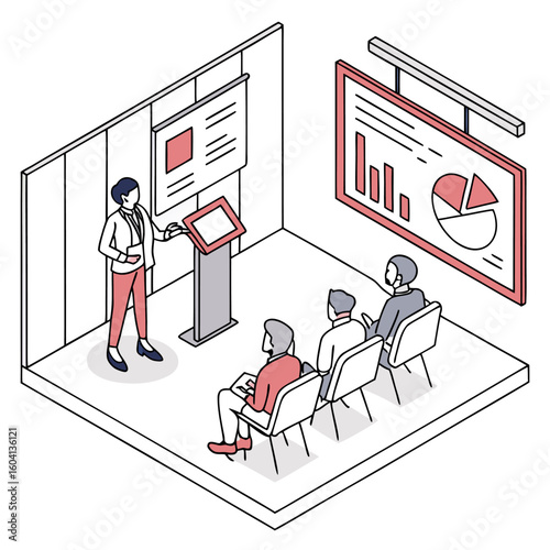 A professional woman presents data and charts to an attentive audience seated in a modern presentation room illustrating business success
