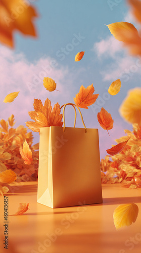 Colorful autumn leaves swirling around a brown shopping bag in a vibrant outdoor setting
