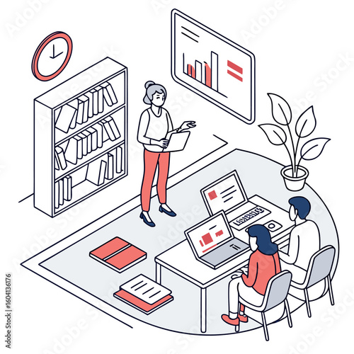 A business presentation in an office setting with a presenter two attendees laptops a bookshelf and a wall clock showing a business meeting in progress