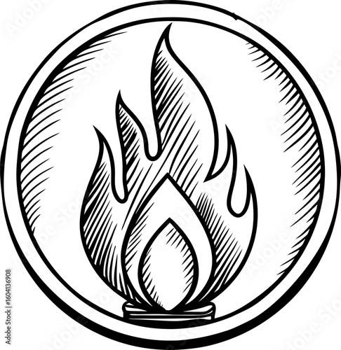 Hand drawn flame icon in circular frame black and white sketch of fire symbol, energy and heat concept illustration