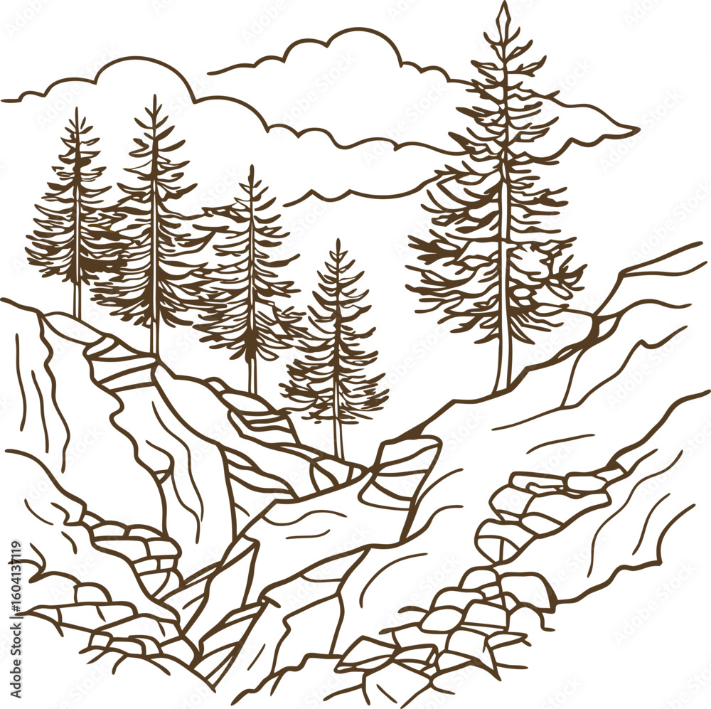 Fototapeta premium Mountain landscape line art with pine trees, rocky cliffs, clouds nature illustration for wilderness, outdoors concept