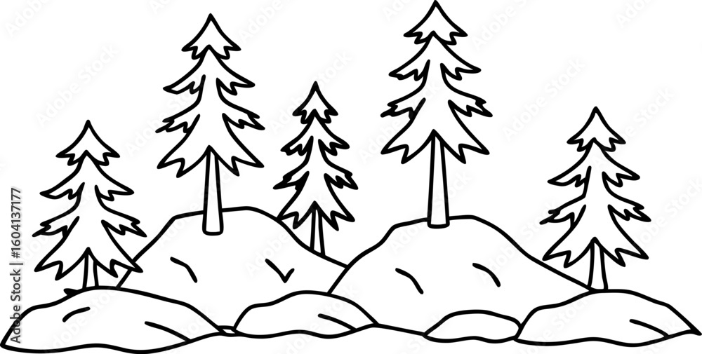 Obraz premium Simple line drawing of pine trees on rocky landscape minimalist black and white forest illustration for coloring