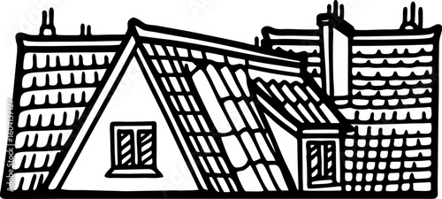 Gabled roof outline with attic windows and chimneys hand drawn architecture, traditional house roofing design