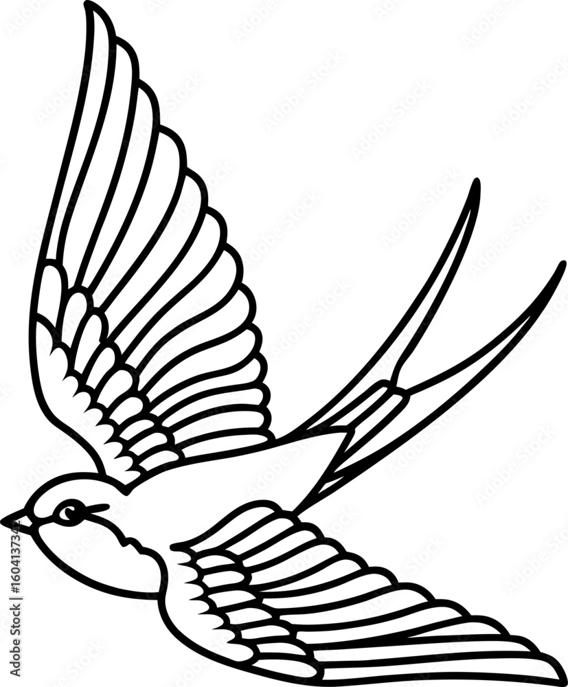 Obraz premium Swallow bird outline with spread wings flying swallow line drawing, simple minimalist illustration
