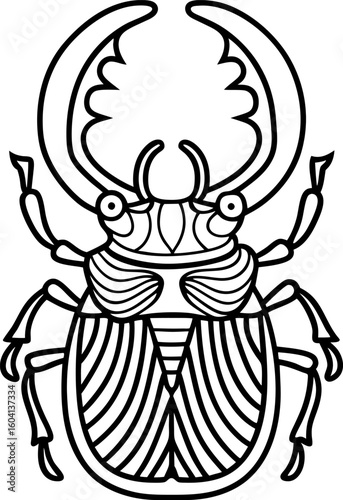 Stag beetle illustration detailed line drawing of insect with large mandibles, symmetrical pattern, black outline art