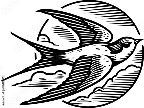 Swallow bird flying over clouds in vintage hand drawn bold black ink sketch, freedom, nature, sky, wildlife symbol