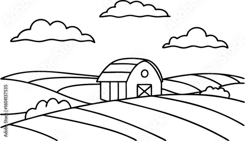 Rural barn on rolling farmland under cloudy sky countryside agriculture landscape outline, peaceful scenery illustration