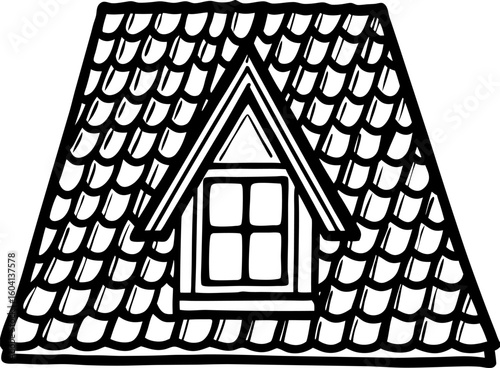 Architectural rooftop illustration with shingles and dormer window hand drawn outline showing roof detail