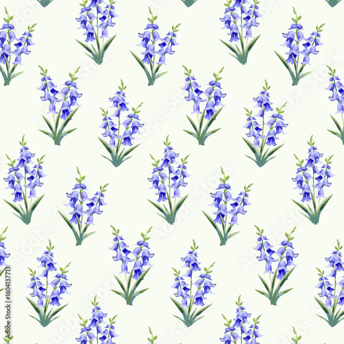 Illustration with blue flowers.Vector seamless pattern with blooming blue bells on a light background.