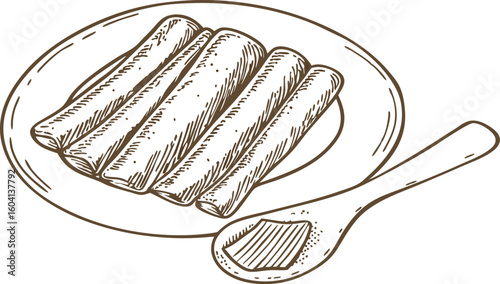 Rolled enchiladas on ceramic plate with spoon traditional mexican cuisine, sketch illustration