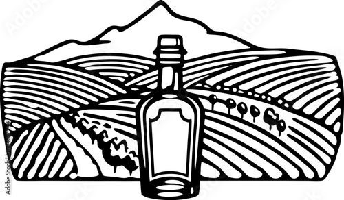 Vintage liquor bottle with farmland landscape illustration rolling hills, crops, countryside, agriculture theme