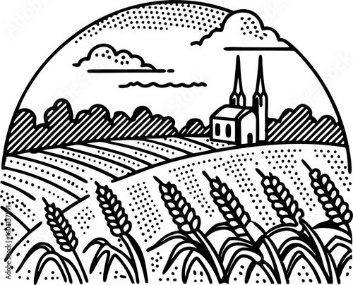 Rural countryside landscape with church, wheat field, rolling hills, clouds, and trees, line art illustration
