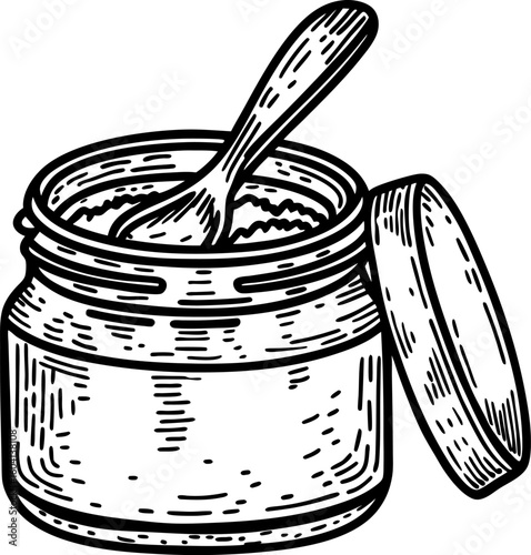 Open glass jar with spoon and lid hand drawn sketch, preserved food container for kitchen and pantry storage