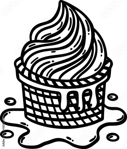 Melting ice cream cone illustration dripping dessert, sweet treat in waffle cup, black and white line design