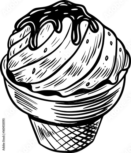 Hand drawn ice cream cone with chocolate topping vintage dessert illustration, creamy waffle treat sketch