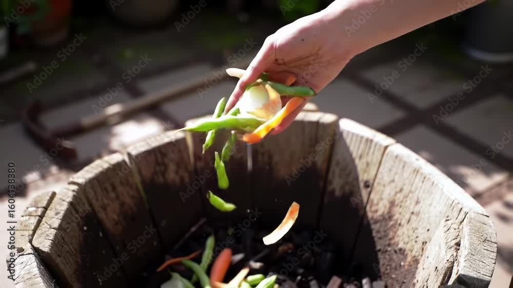 Person adding food scraps to compost bin outdoors