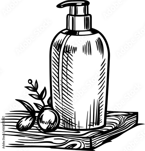 Skin care dispenser bottle on wooden board with olives natural cosmetic container, organic beauty concept