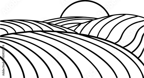 Rolling hills landscape with sunrise curved lines showing agricultural fields and natural countryside scenery