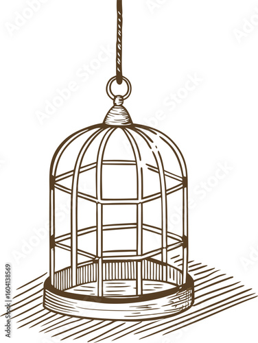 Empty vintage birdcage hanging by rope hand drawn isolated sketch, freedom and captivity concept illustration