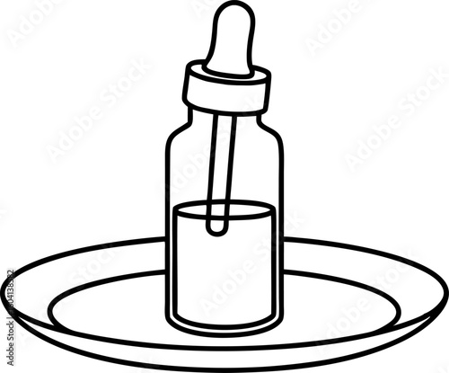 Dropper bottle with liquid on round plate laboratory medical tool, essential oil or serum illustration