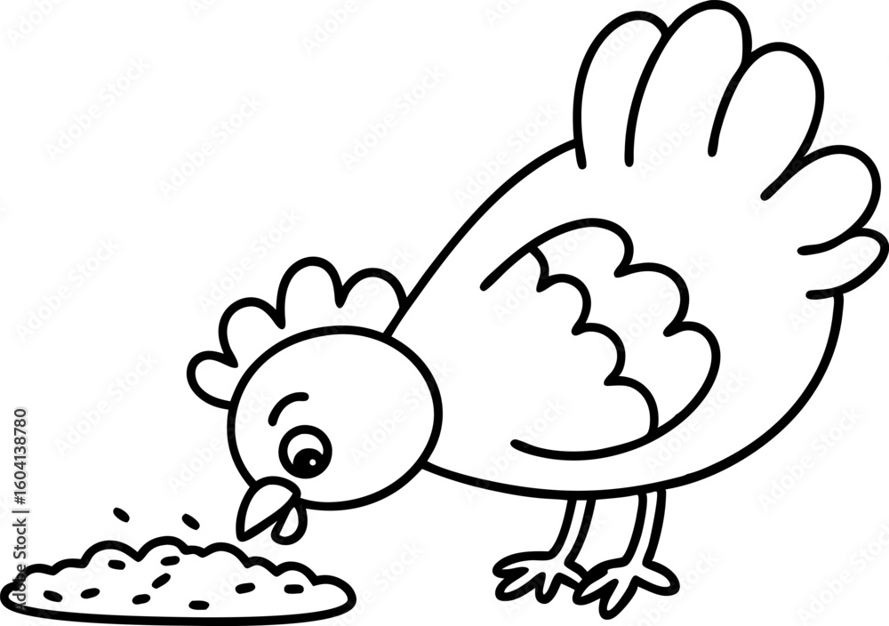 Fototapeta premium Chicken pecking grains illustration farm animal eating feed, simple black and white outline for coloring book page