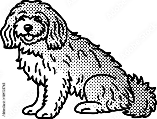 Shaggy fluffy dog sitting, vintage black and white illustration cute happy pet animal, hand drawn art
