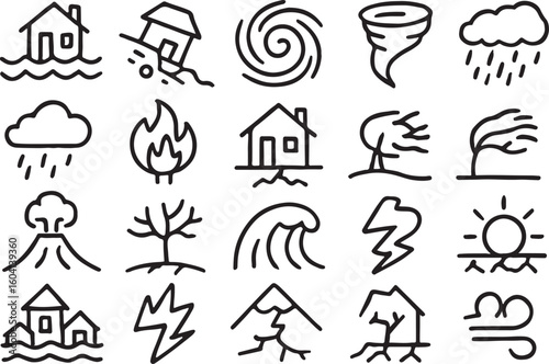 Natural Disaster Icons Collection Simple Line Art flood earthquake