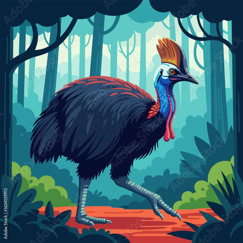 Flightless Bird Walking Through a Cartoon Forest with Vivid Colors