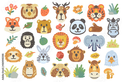 Set of Cute Safari Animal doodle set, vector hand drawn scribble, cute cartoon elephant, lion. Baby nature sticker, colorful pencil illustration, tiger, capybara. Isolated on white background.
