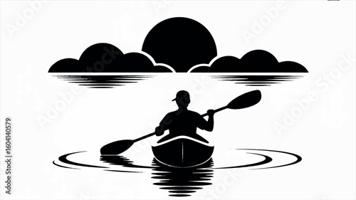Black and white silhouette of a kayaker paddling on calm water