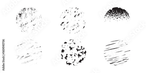 collection of six circular grunge textures in black and white displaying distressed and worn effects for various design applications and creative projects