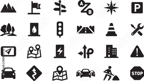 Solid Black Directional Icons – Arrow, Signage, Transport Symbols, Bold Graphic Set, Navigation UI, Transparent Background