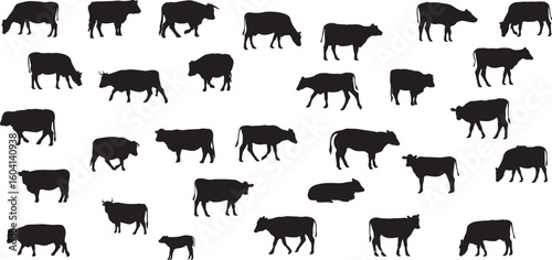 Black Cow Silhouettes Collection – Farm Animal, Livestock, Cow Shapes, Grazing, Herd, Animal Icon, Simple, Pasture, Dairy, Agriculture, Editable, Graphic, Side View, Vector Design, Domestic Mammal, Vi