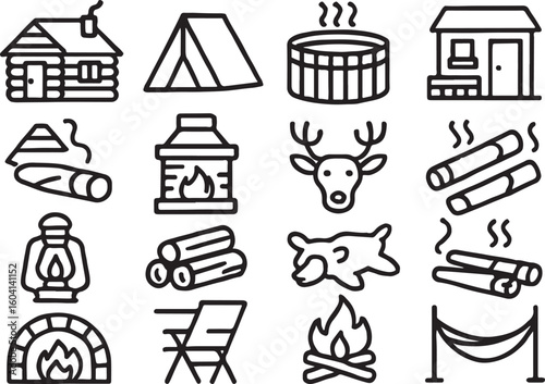Rustic outdoor leisure and camping icons cabin tent