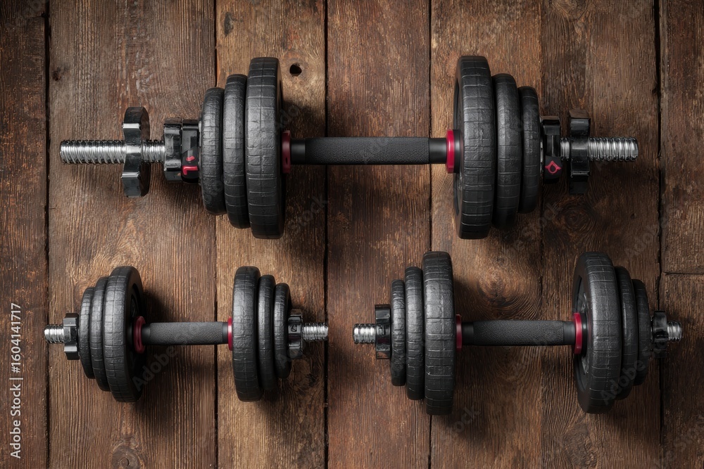 Naklejka premium Four adjustable dumbbells on rustic wooden planks