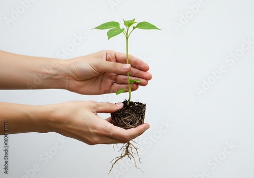 Hands gently holding a small seedling with exposed roots and soil, symbolizing new beginnings, nurturing, and sustainability on a clean white background.
