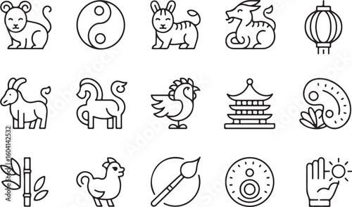 A sat of Chinese zodiac animals and cultural icons line art collection