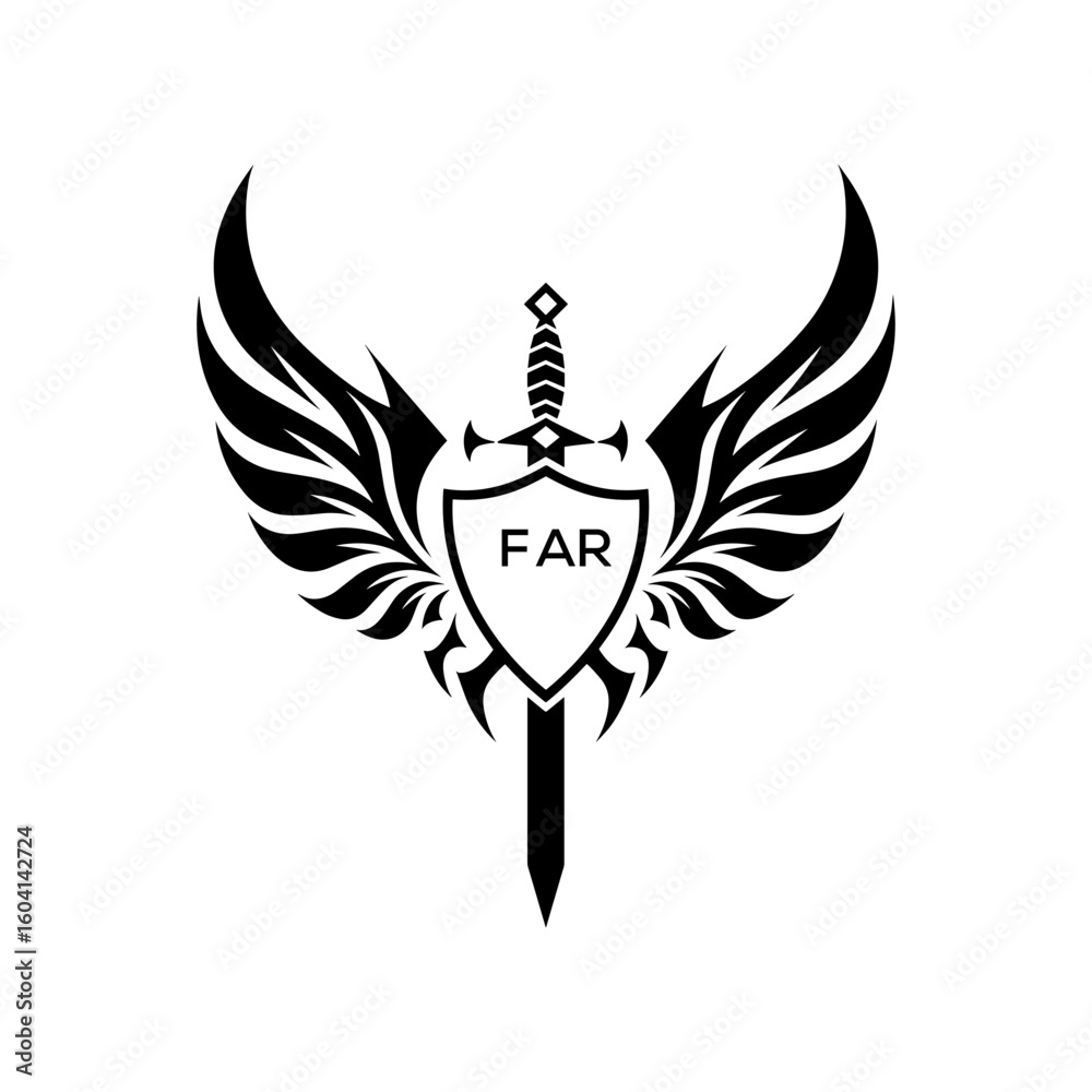 Obraz premium FAR Winged Sword and Shield Logo with FAR Letters, FAR Later Logo, Heraldic Emblem, Black and White Vector Design 