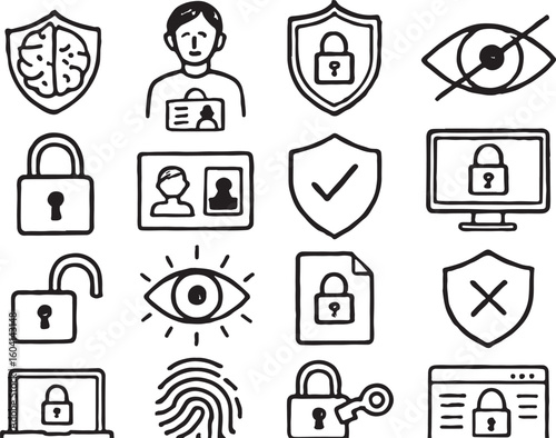Security icons brain shield lock eye person badge computer fingerprint hand drawn line art