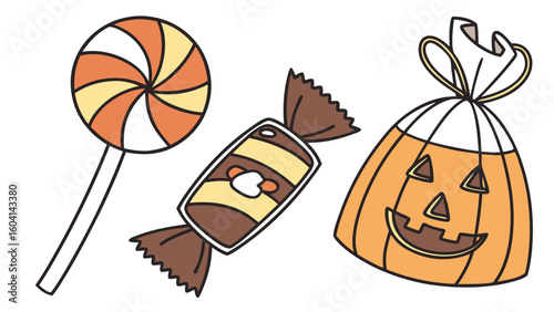 Whimsical halloween treats featuring a swirl lollipop wrapped candy and a jack o lantern treat bag on a white background