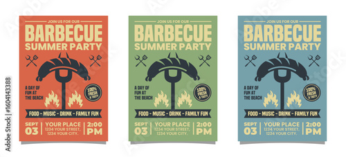 Set Of Barbecue Summer Party Orange Greend and Blue vertical flyer poster vector template design