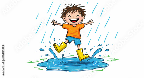 Joyful cartoon child happily splashing in a vibrant blue puddle during a refreshing rain shower, celebrating carefree childhood moments and outdoor fun.